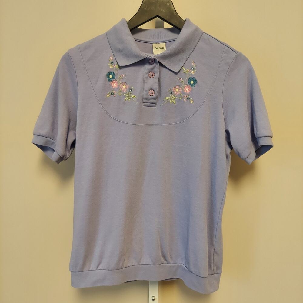 Purple Floral Embroidered Polo M Grandma Grandmother Cottag Feminine Pastel